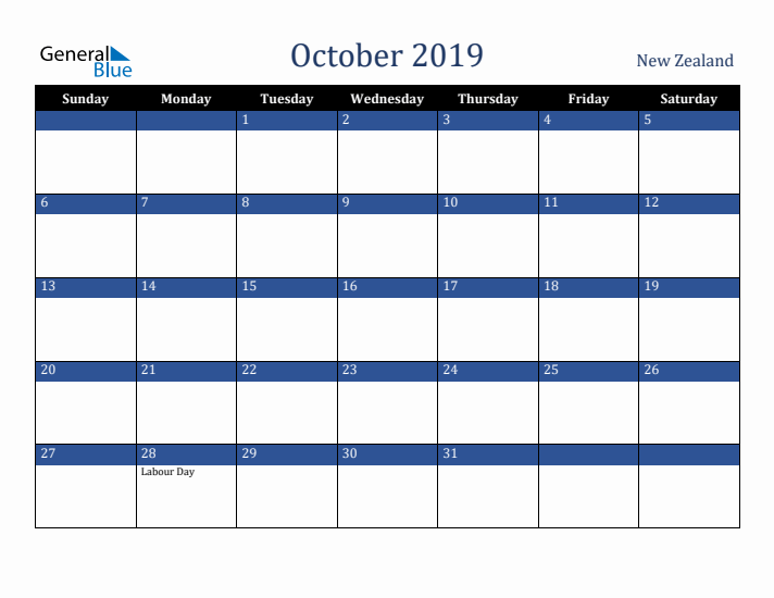October 2019 New Zealand Calendar (Sunday Start)