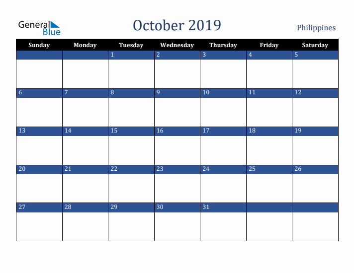October 2019 Philippines Calendar (Sunday Start)