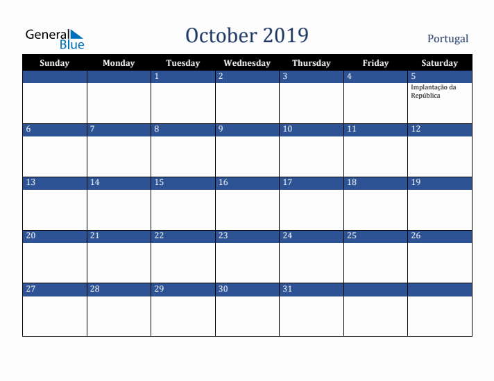 October 2019 Portugal Calendar (Sunday Start)