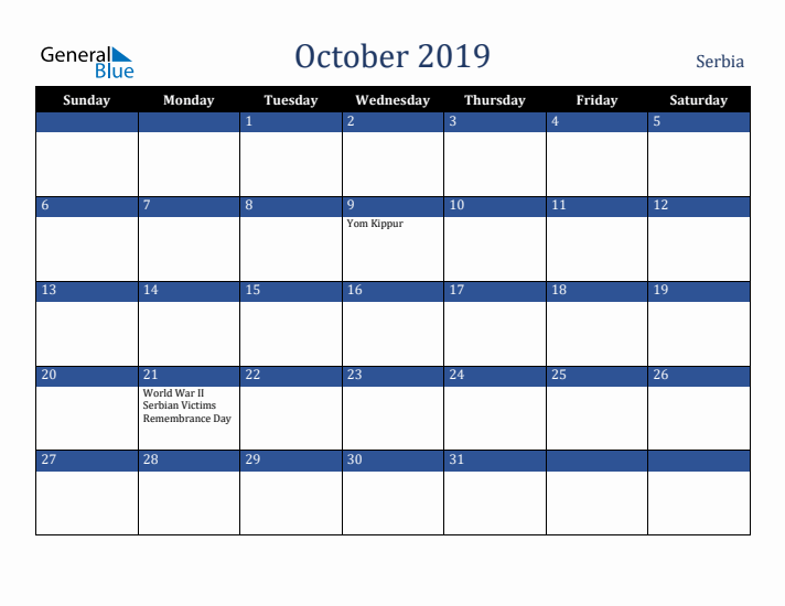 October 2019 Serbia Calendar (Sunday Start)