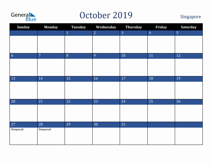 October 2019 Singapore Calendar (Sunday Start)