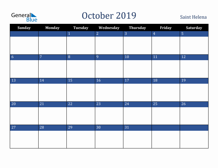 October 2019 Saint Helena Calendar (Sunday Start)