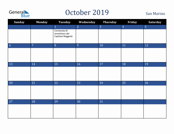 October 2019 San Marino Calendar (Sunday Start)