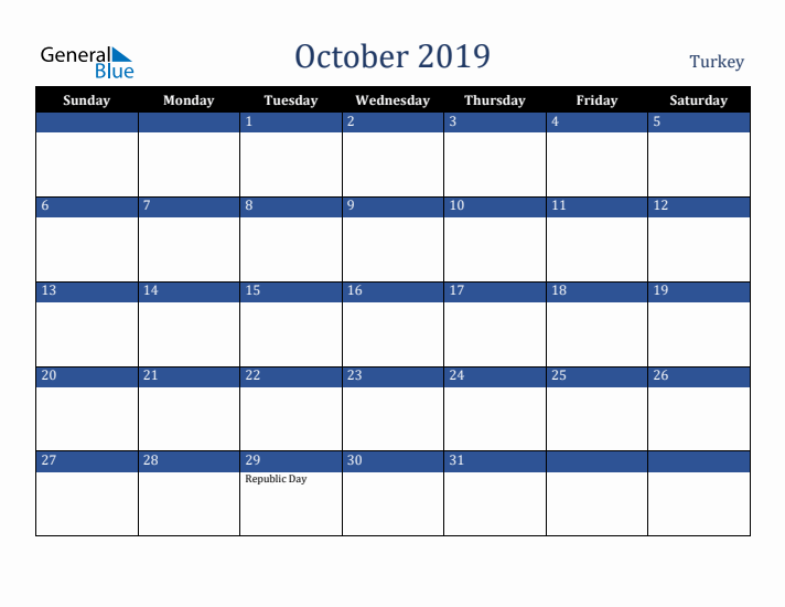 October 2019 Turkey Calendar (Sunday Start)