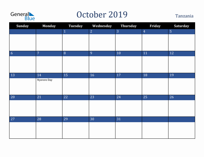 October 2019 Tanzania Calendar (Sunday Start)