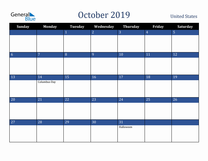 October 2019 United States Calendar (Sunday Start)