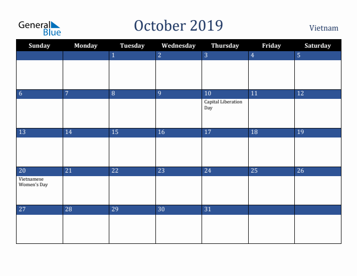 October 2019 Vietnam Calendar (Sunday Start)