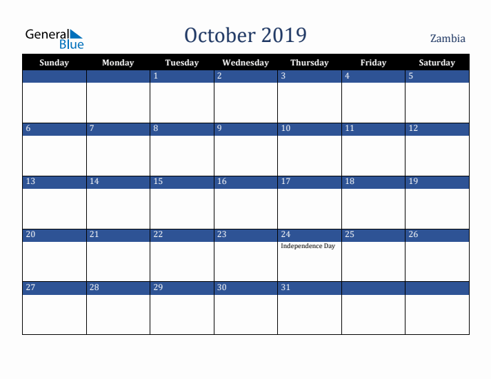 October 2019 Zambia Calendar (Sunday Start)