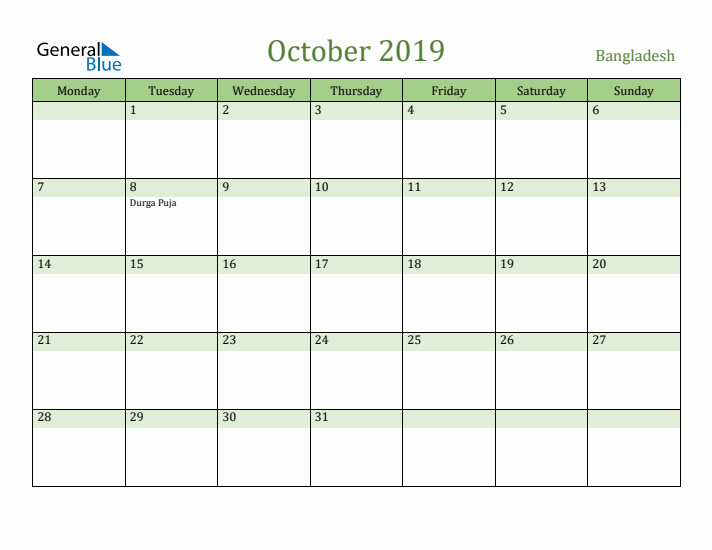 October 2019 Calendar with Bangladesh Holidays