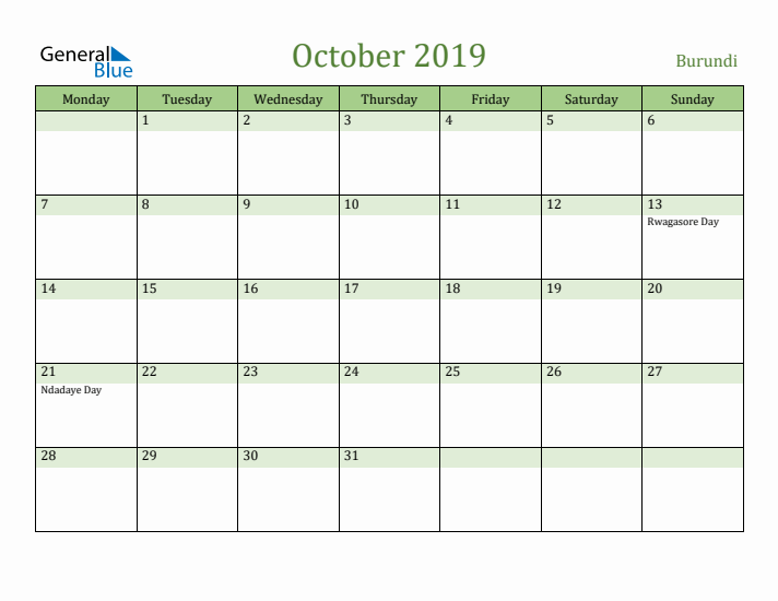 October 2019 Calendar with Burundi Holidays