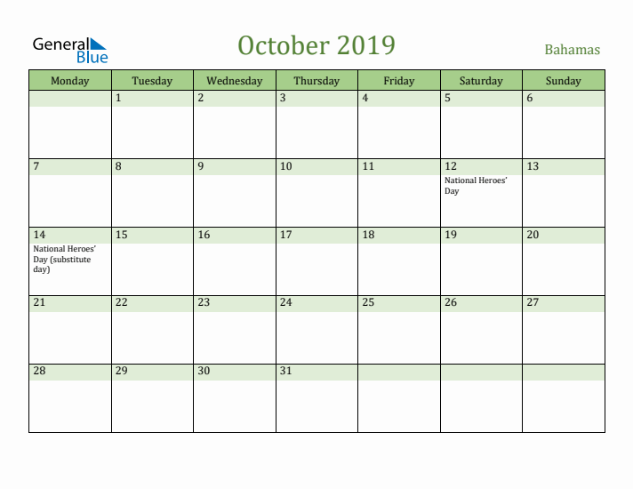 October 2019 Calendar with Bahamas Holidays
