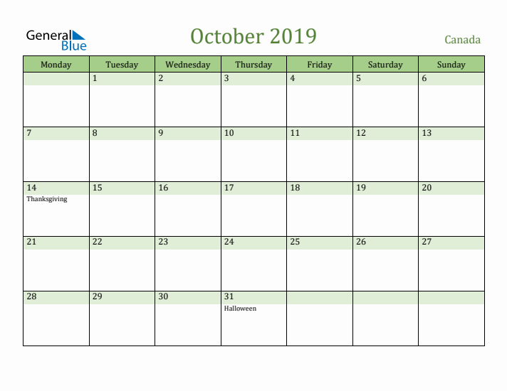 October 2019 Calendar with Canada Holidays