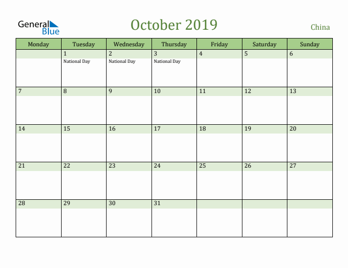 October 2019 Calendar with China Holidays