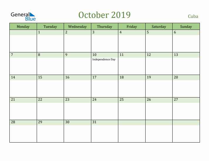 October 2019 Calendar with Cuba Holidays