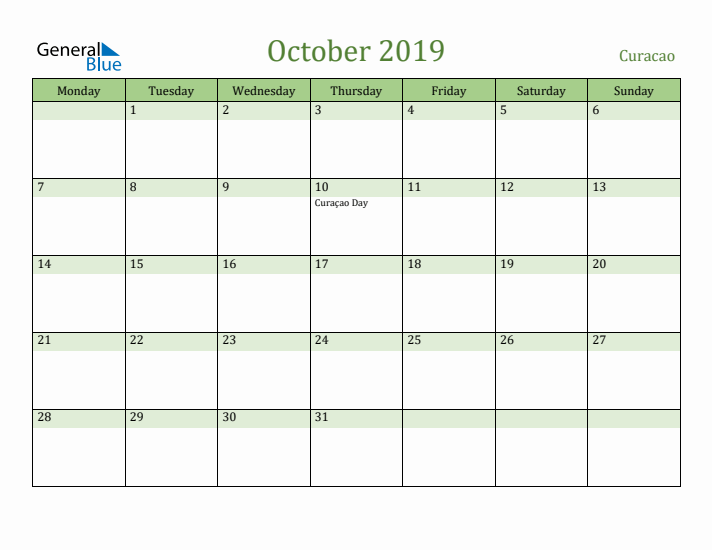 October 2019 Calendar with Curacao Holidays