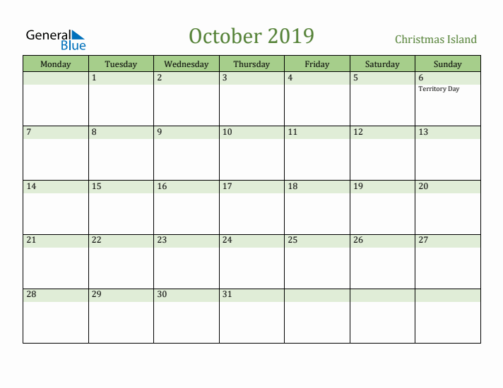 October 2019 Calendar with Christmas Island Holidays