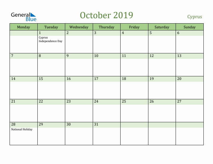 October 2019 Calendar with Cyprus Holidays