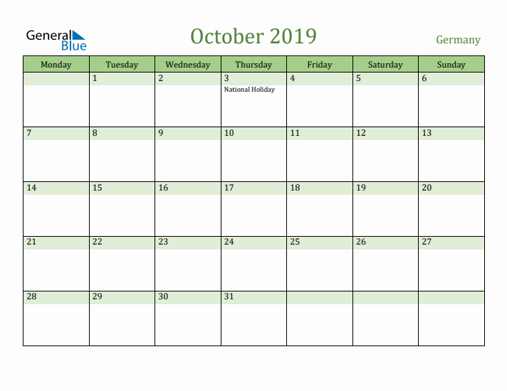 October 2019 Calendar with Germany Holidays
