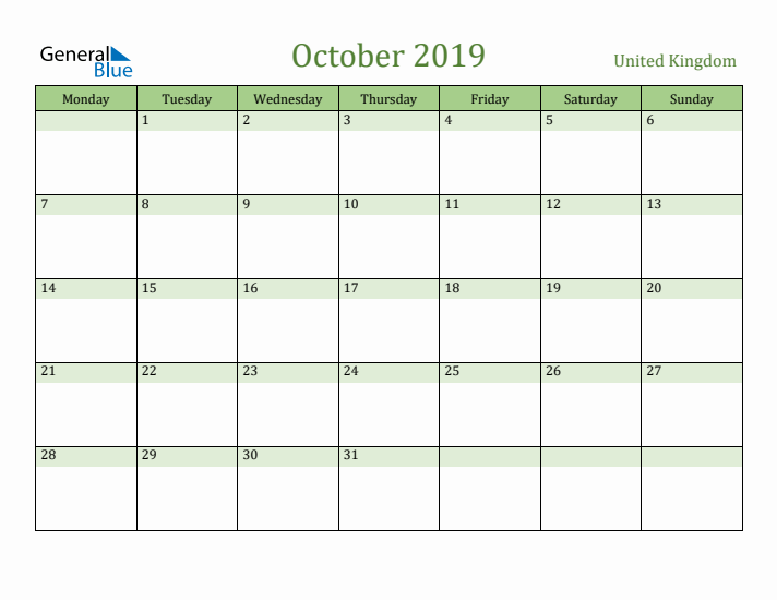 October 2019 Calendar with United Kingdom Holidays