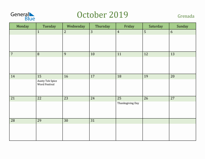 October 2019 Calendar with Grenada Holidays
