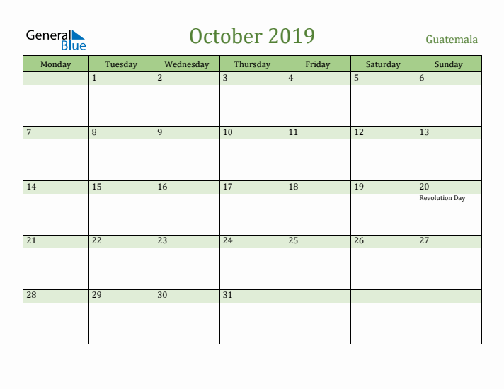 October 2019 Calendar with Guatemala Holidays
