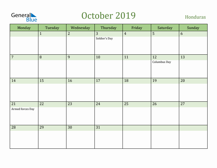 October 2019 Calendar with Honduras Holidays