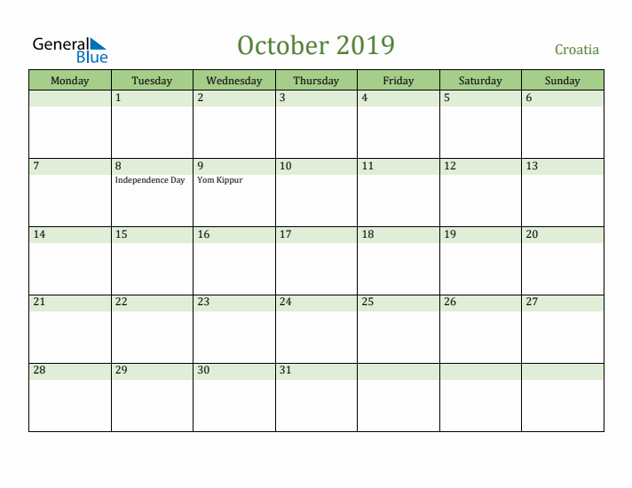 October 2019 Calendar with Croatia Holidays