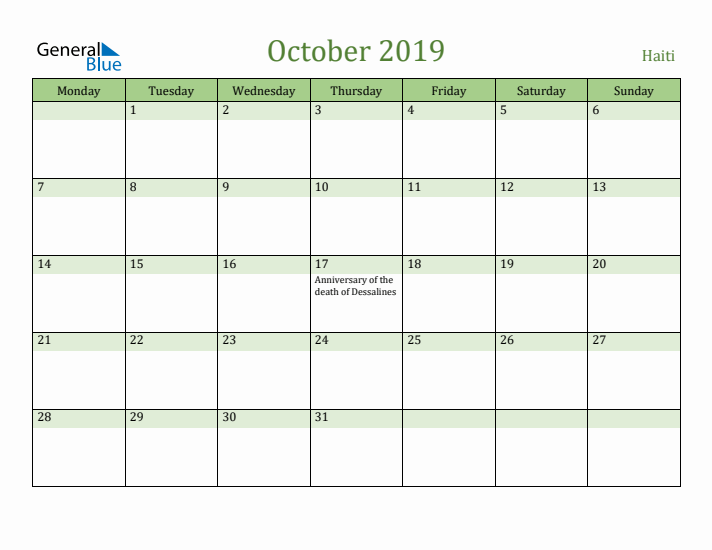October 2019 Calendar with Haiti Holidays
