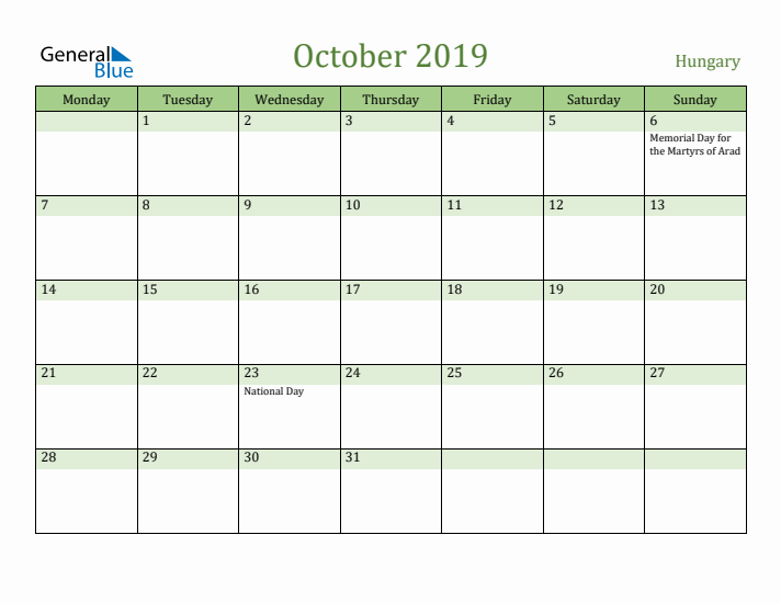 October 2019 Calendar with Hungary Holidays