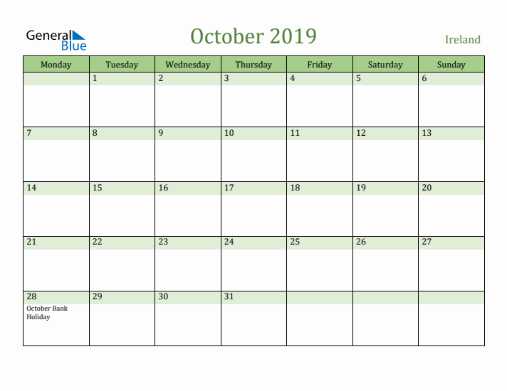 October 2019 Calendar with Ireland Holidays