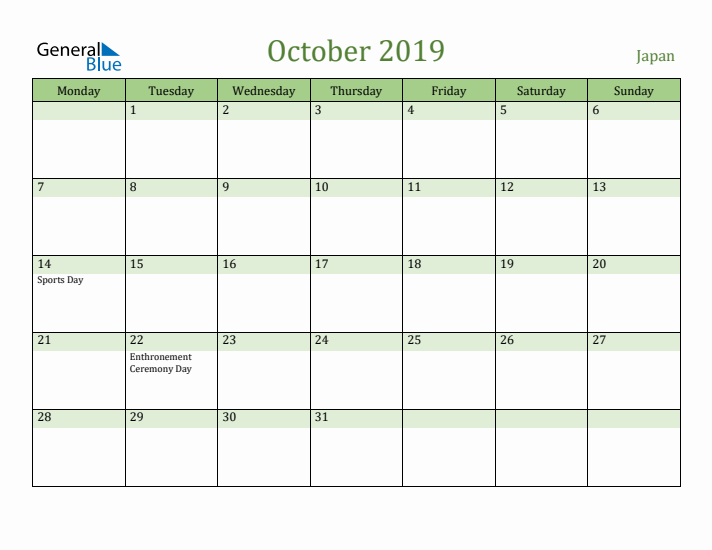 October 2019 Calendar with Japan Holidays