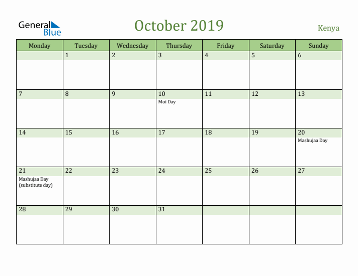 October 2019 Calendar with Kenya Holidays