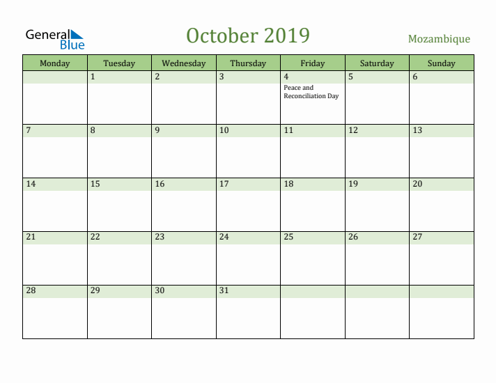 October 2019 Calendar with Mozambique Holidays