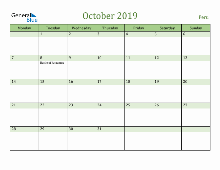 October 2019 Calendar with Peru Holidays