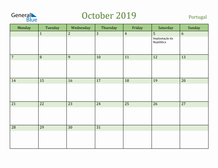 October 2019 Calendar with Portugal Holidays