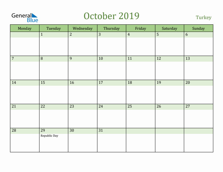 October 2019 Calendar with Turkey Holidays