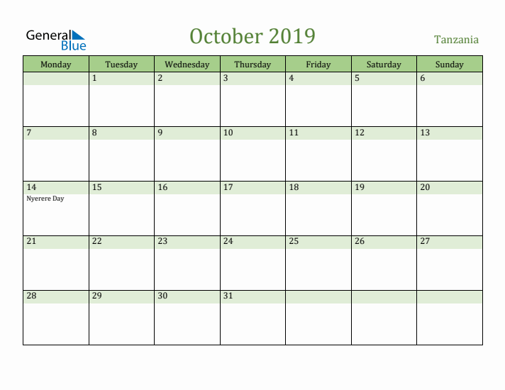 October 2019 Calendar with Tanzania Holidays