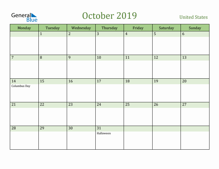 October 2019 Calendar with United States Holidays