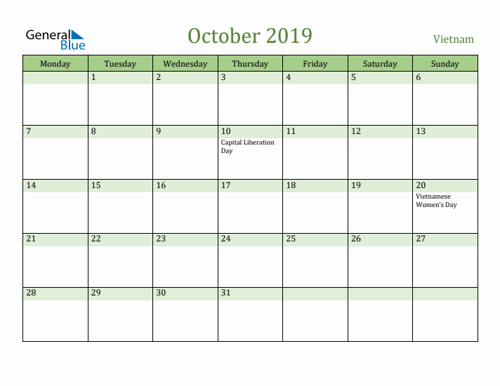 October 2019 Calendar with Vietnam Holidays