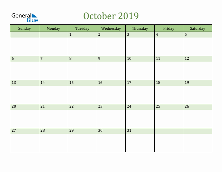 October 2019 Calendar with Sunday Start