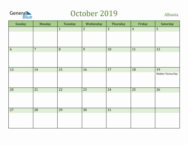 October 2019 Calendar with Albania Holidays