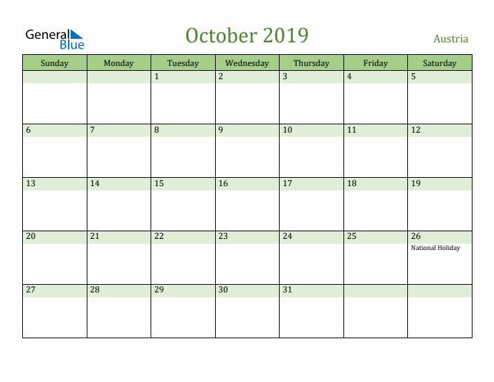 October 2019 Calendar with Austria Holidays