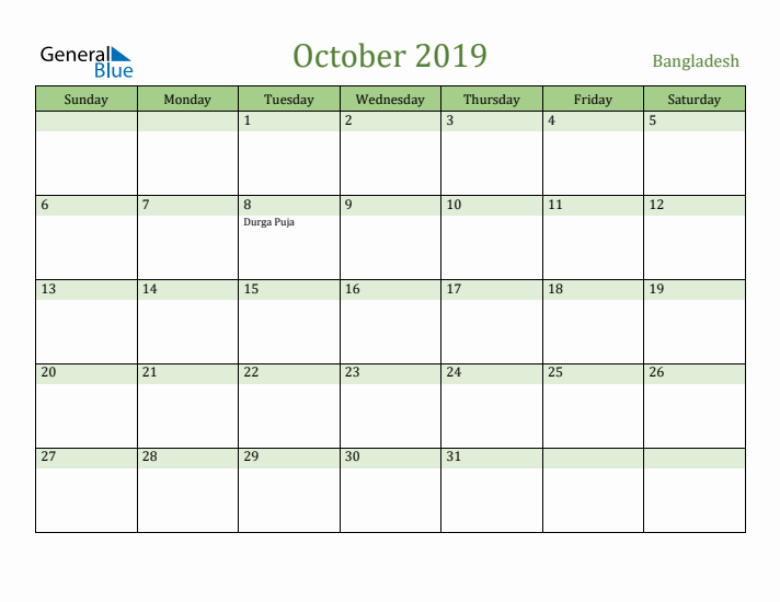 October 2019 Calendar with Bangladesh Holidays