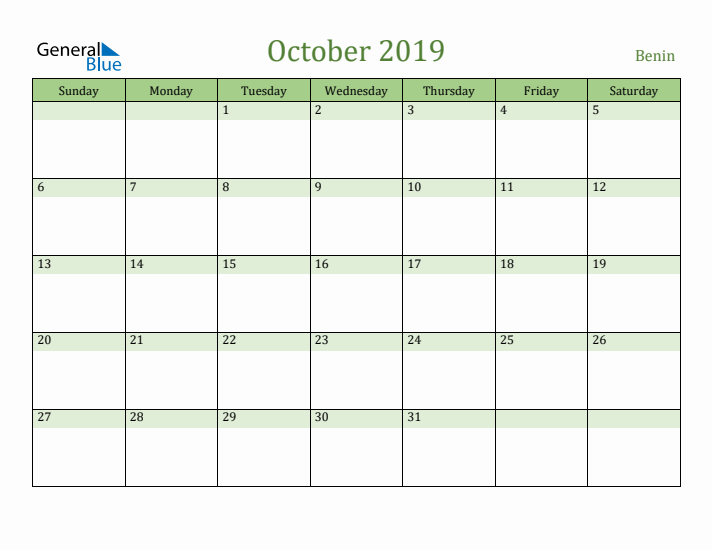 October 2019 Calendar with Benin Holidays