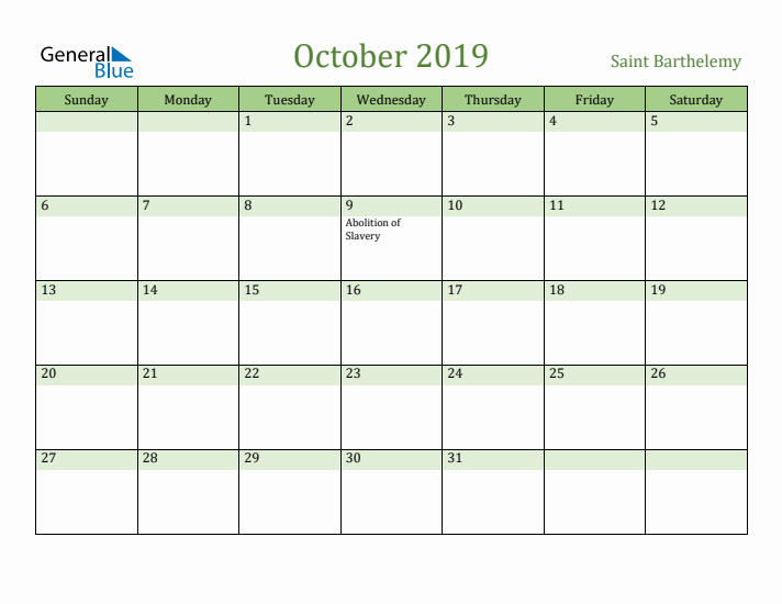 October 2019 Calendar with Saint Barthelemy Holidays
