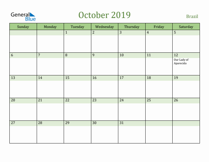 October 2019 Calendar with Brazil Holidays