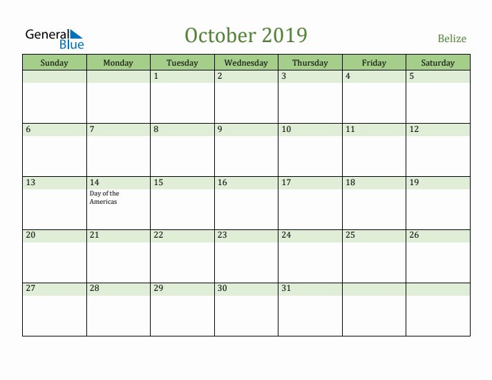 October 2019 Calendar with Belize Holidays