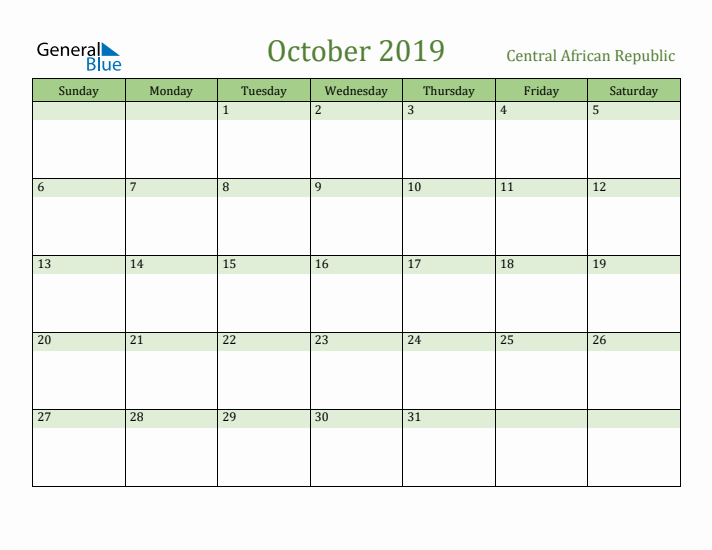 October 2019 Calendar with Central African Republic Holidays
