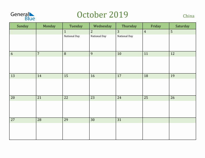 October 2019 Calendar with China Holidays