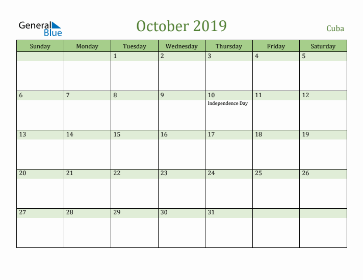 October 2019 Calendar with Cuba Holidays